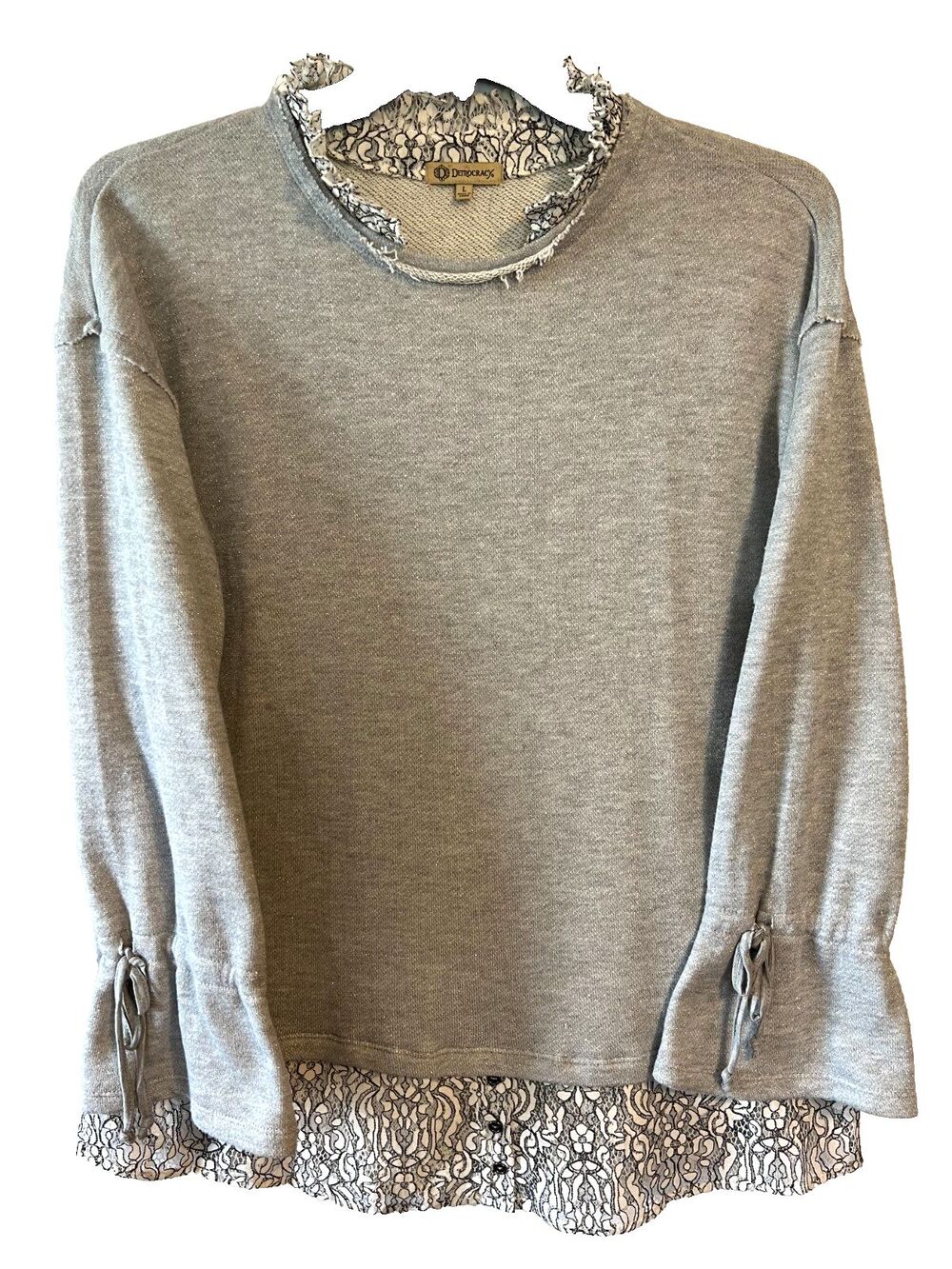 DEMOCRACY Heather Gray Layer Top Ruffled Long Sleeves Distressed Seams Size L